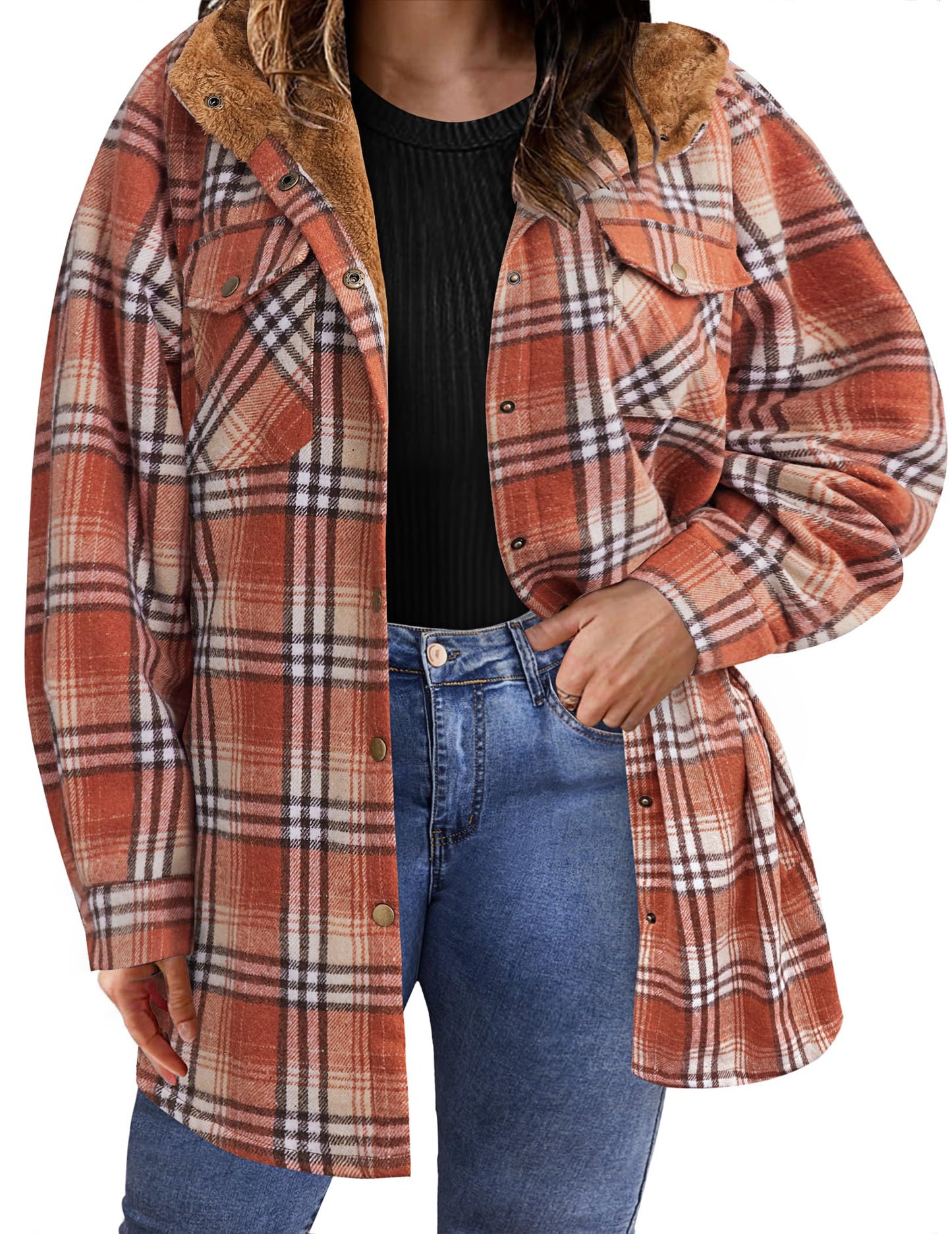 Plus Size Womens Flannel Plaid Shacket Long Sleeve Button Down Fleece Hooded Jacket Willluxe Store