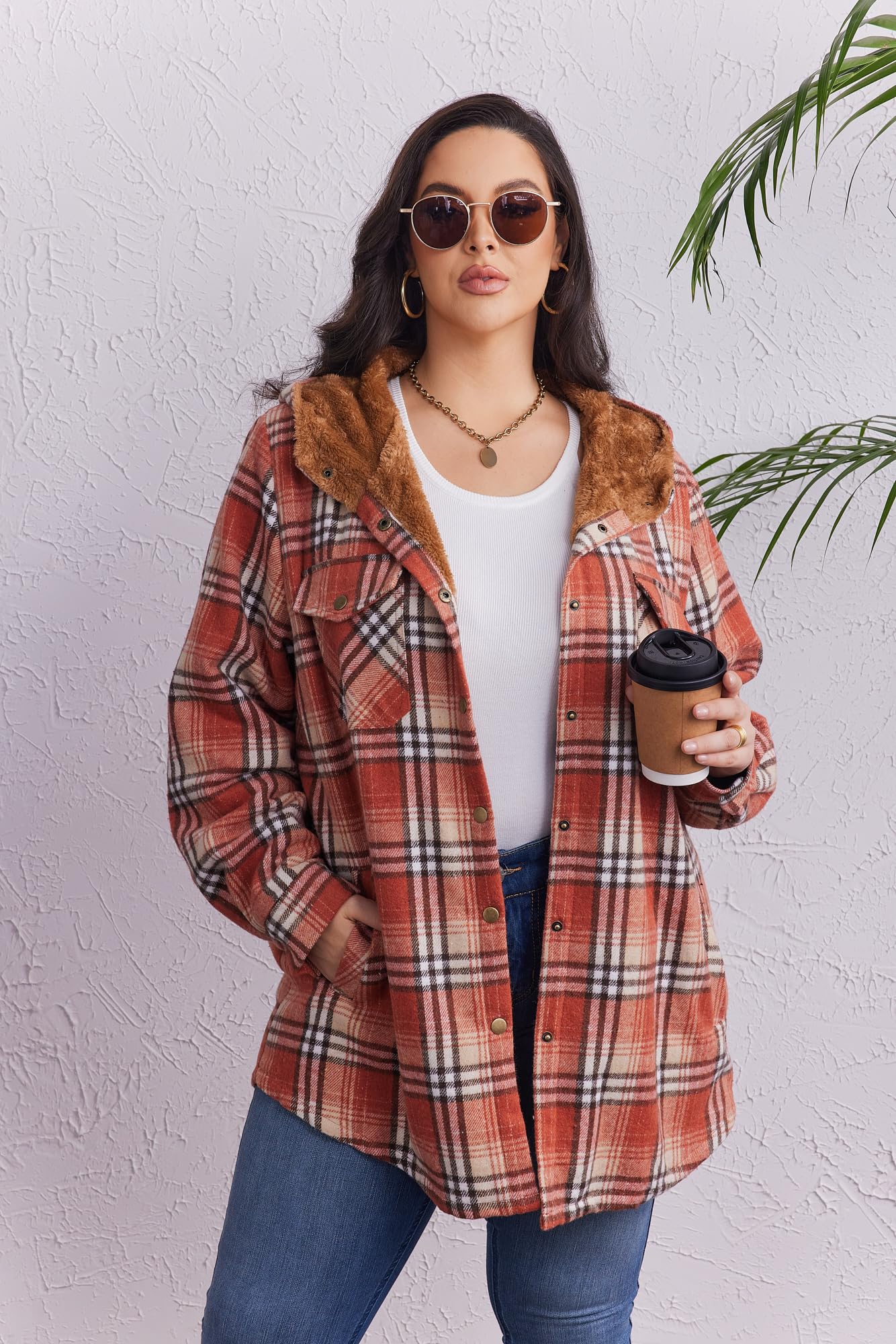 Plus Size Womens Flannel Plaid Shacket Long Sleeve Button Down Fleece Hooded Jacket Willluxe Store