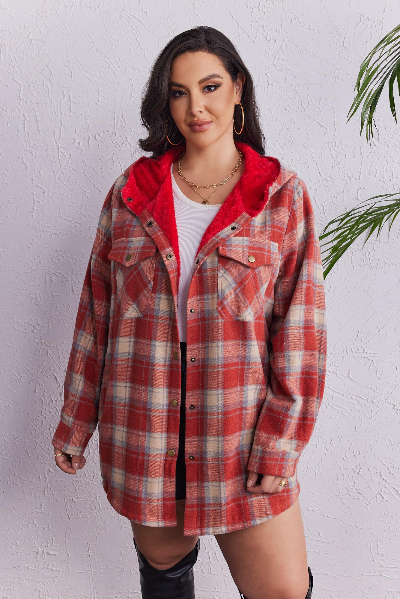 Plus Size Womens Flannel Plaid Shacket Long Sleeve Button Down Fleece Hooded Jacket Willluxe Store