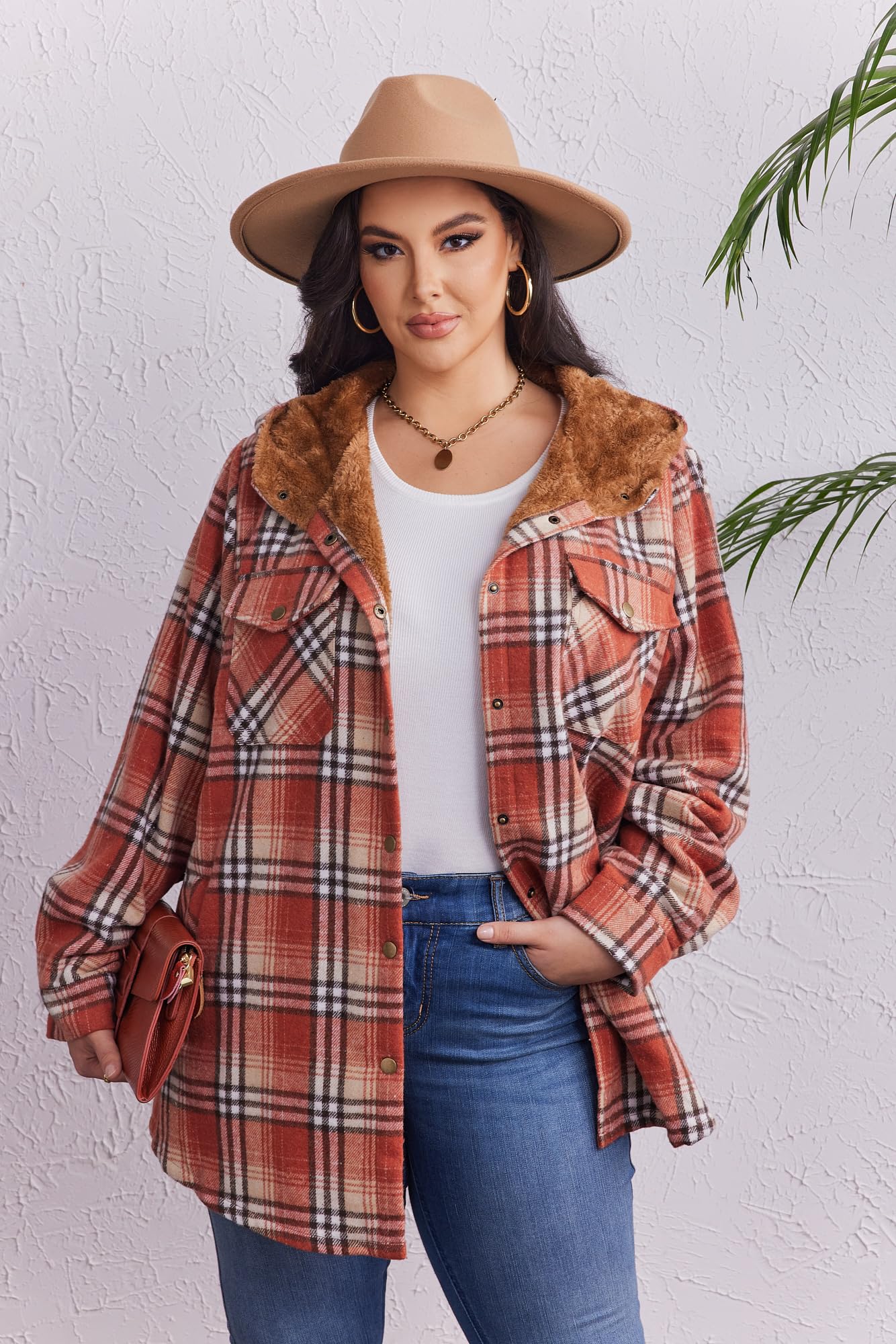 Plus Size Womens Flannel Plaid Shacket Long Sleeve Button Down Fleece Hooded Jacket Willluxe Store