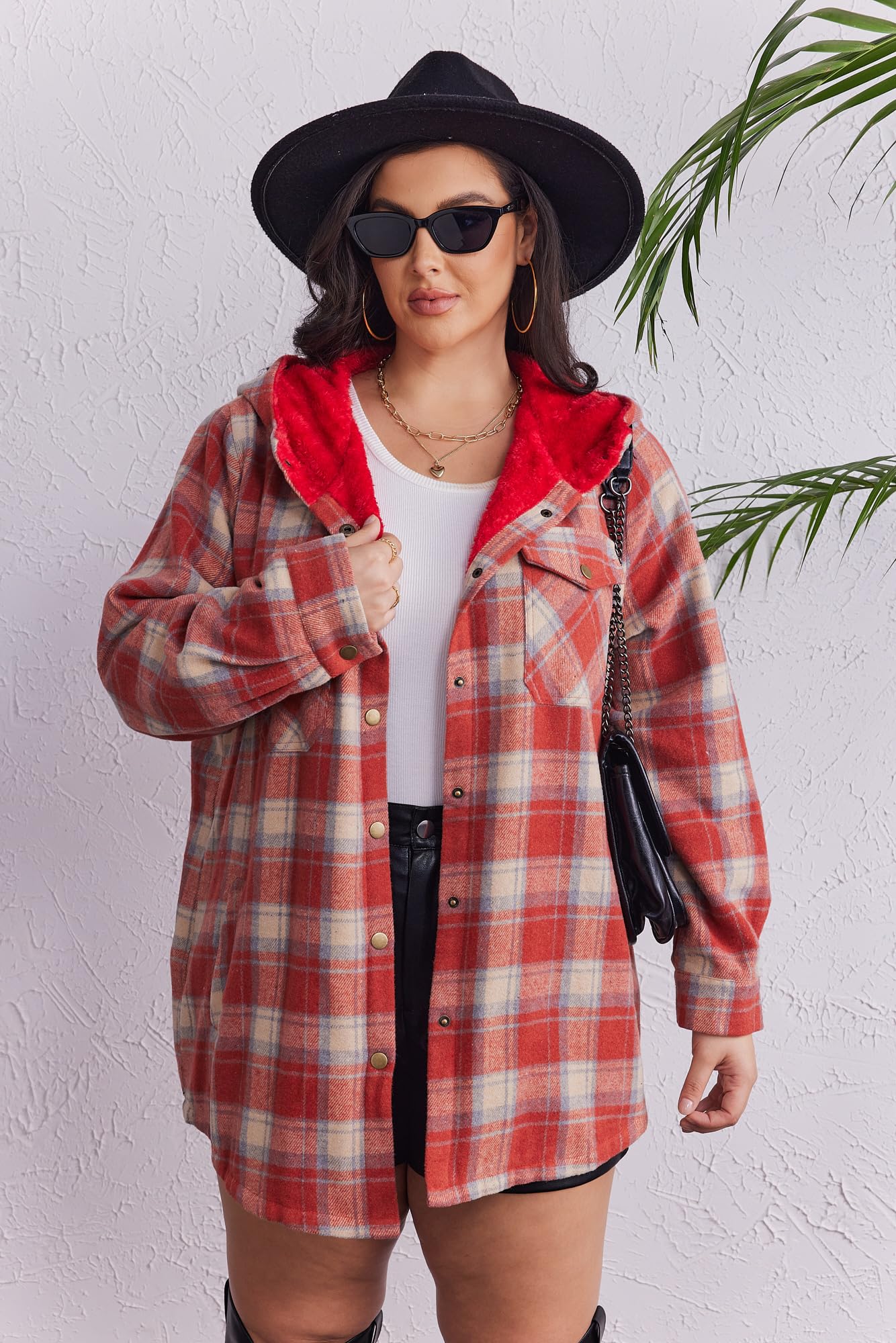 Plus Size Womens Flannel Plaid Shacket Long Sleeve Button Down Fleece Hooded Jacket Willluxe Store