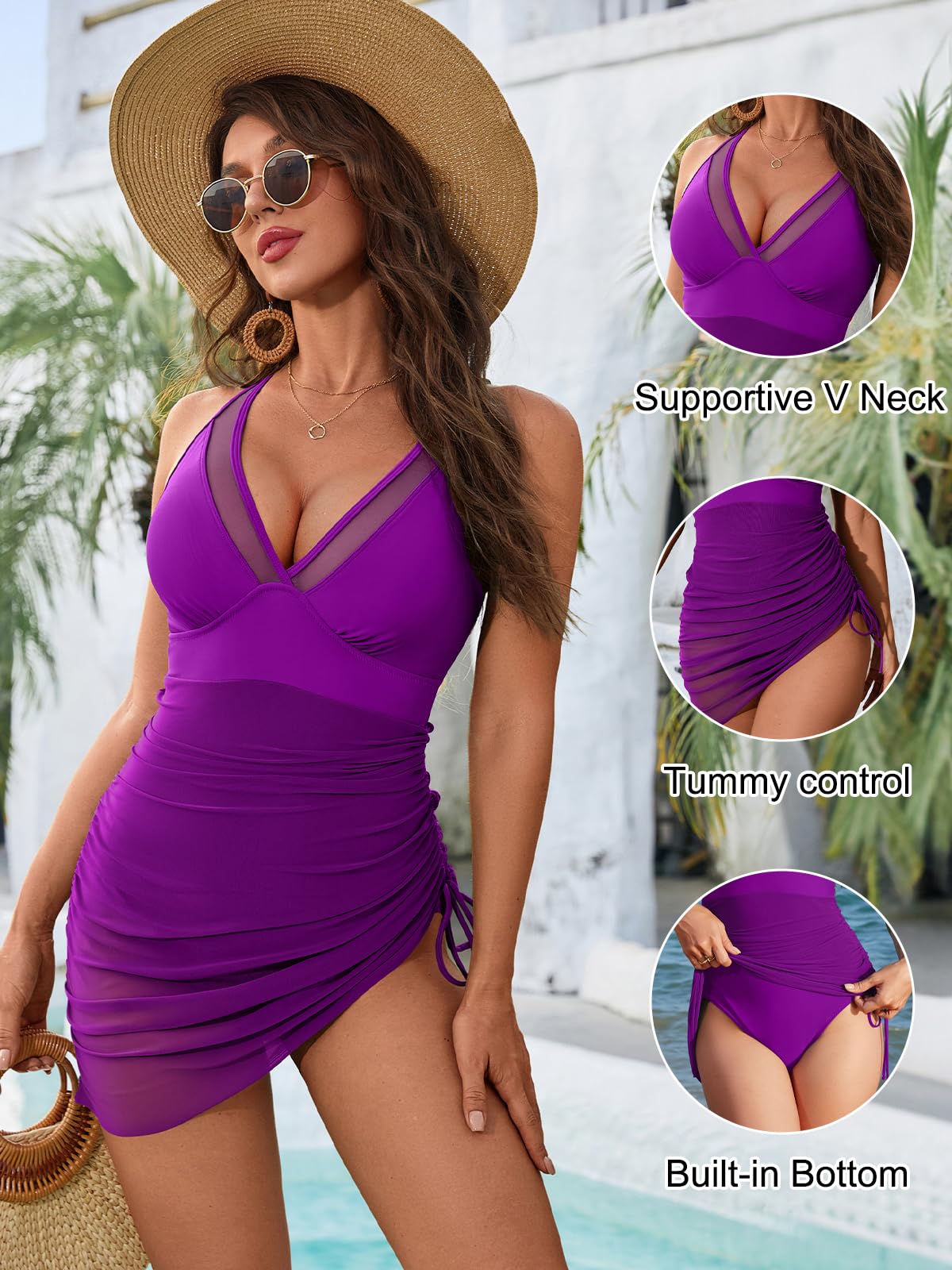 Tummy Control Mesh Sheer Sarong Wraps Women One Piece Swim Dress
