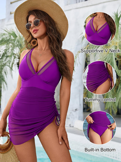 Tummy Control Mesh Sheer Sarong Wraps Women One Piece Swim Dress
