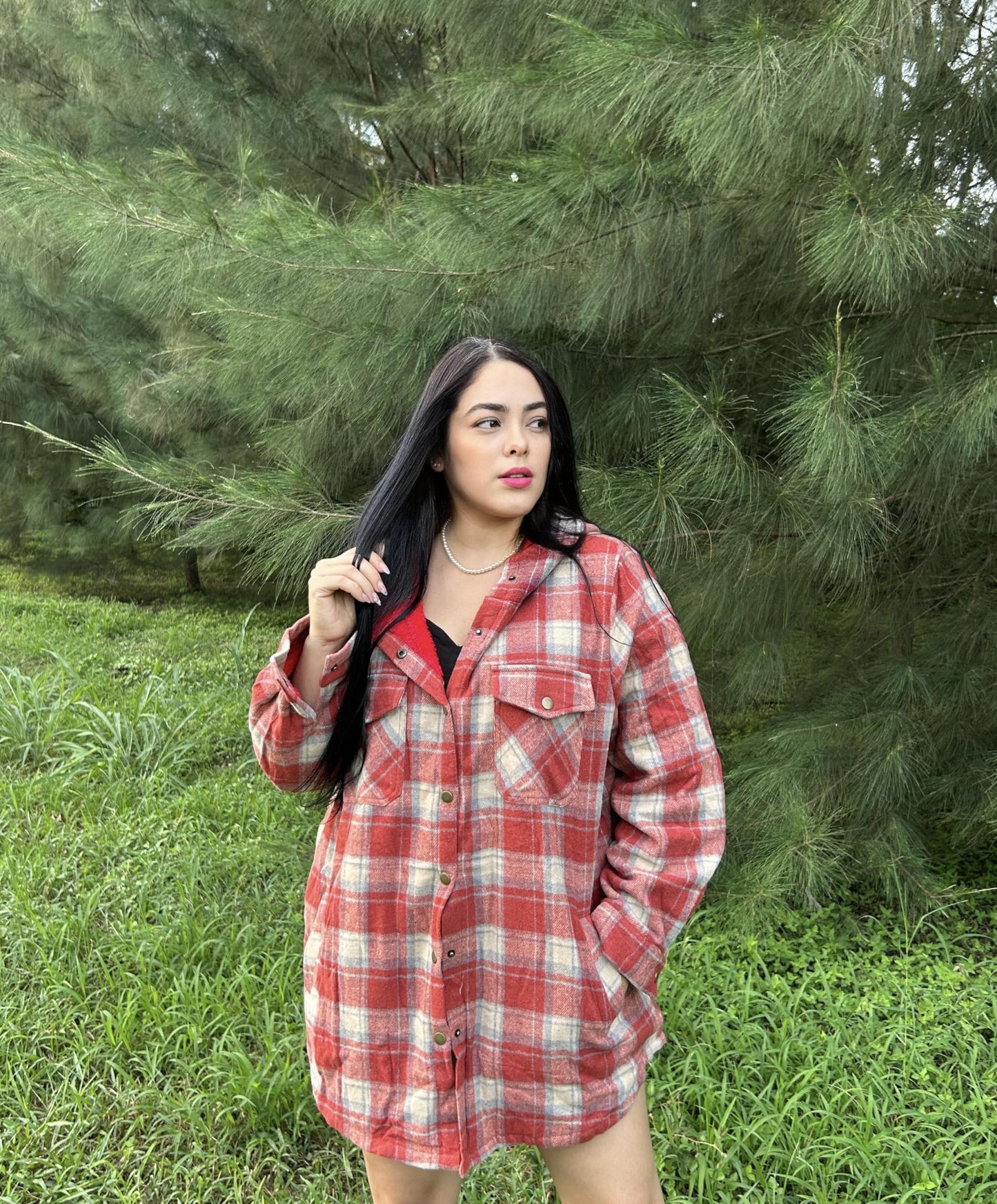 Plus Size Womens Flannel Plaid Shacket Long Sleeve Button Down Fleece Hooded Jacket Willluxe Store
