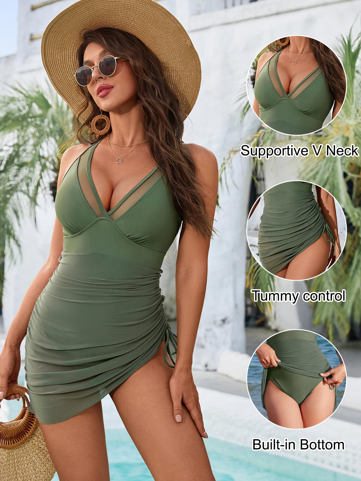 Tummy Control Mesh Sheer Sarong Wraps Women One Piece Swim Dress