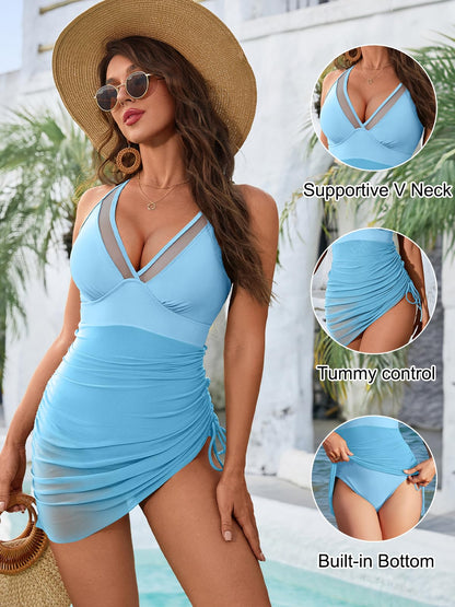 Tummy Control Mesh Sheer Sarong Wraps Women One Piece Swim Dress
