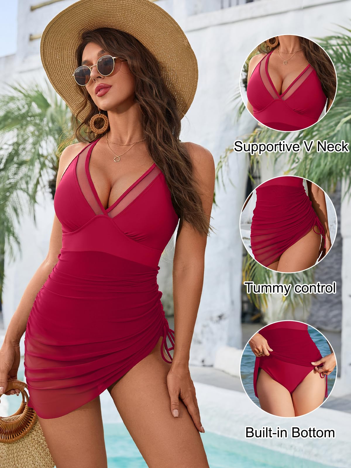 Tummy Control Mesh Sheer Sarong Wraps Women One Piece Swim Dress
