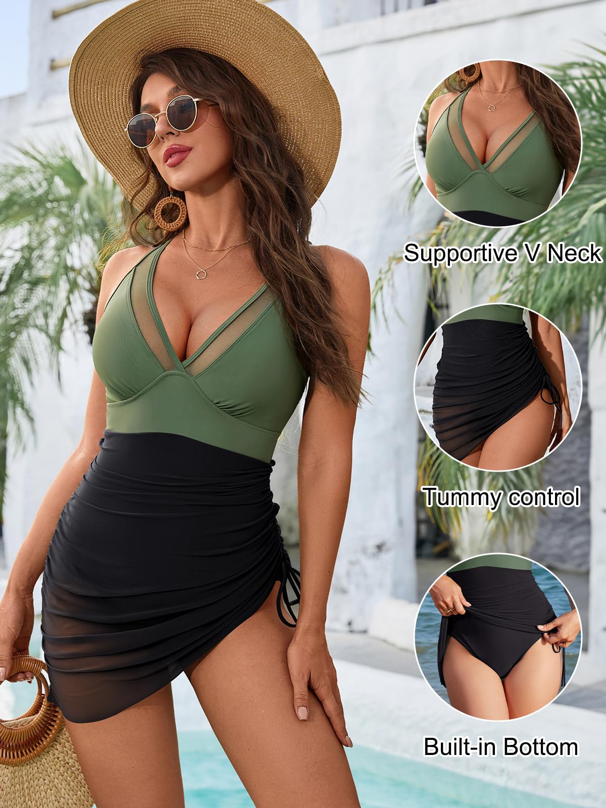 Tummy Control Mesh Sheer Sarong Wraps Women One Piece Swim Dress
