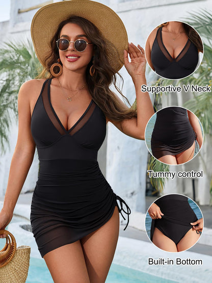 Tummy Control Mesh Sheer Sarong Wraps Women One Piece Swim Dress