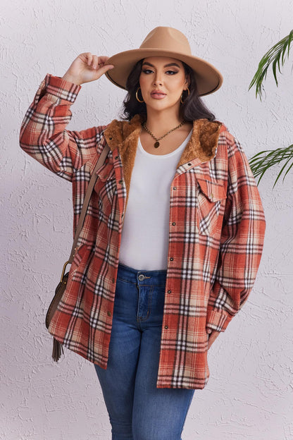 Plus Size Womens Flannel Plaid Shacket Long Sleeve Button Down Fleece Hooded Jacket Willluxe Store