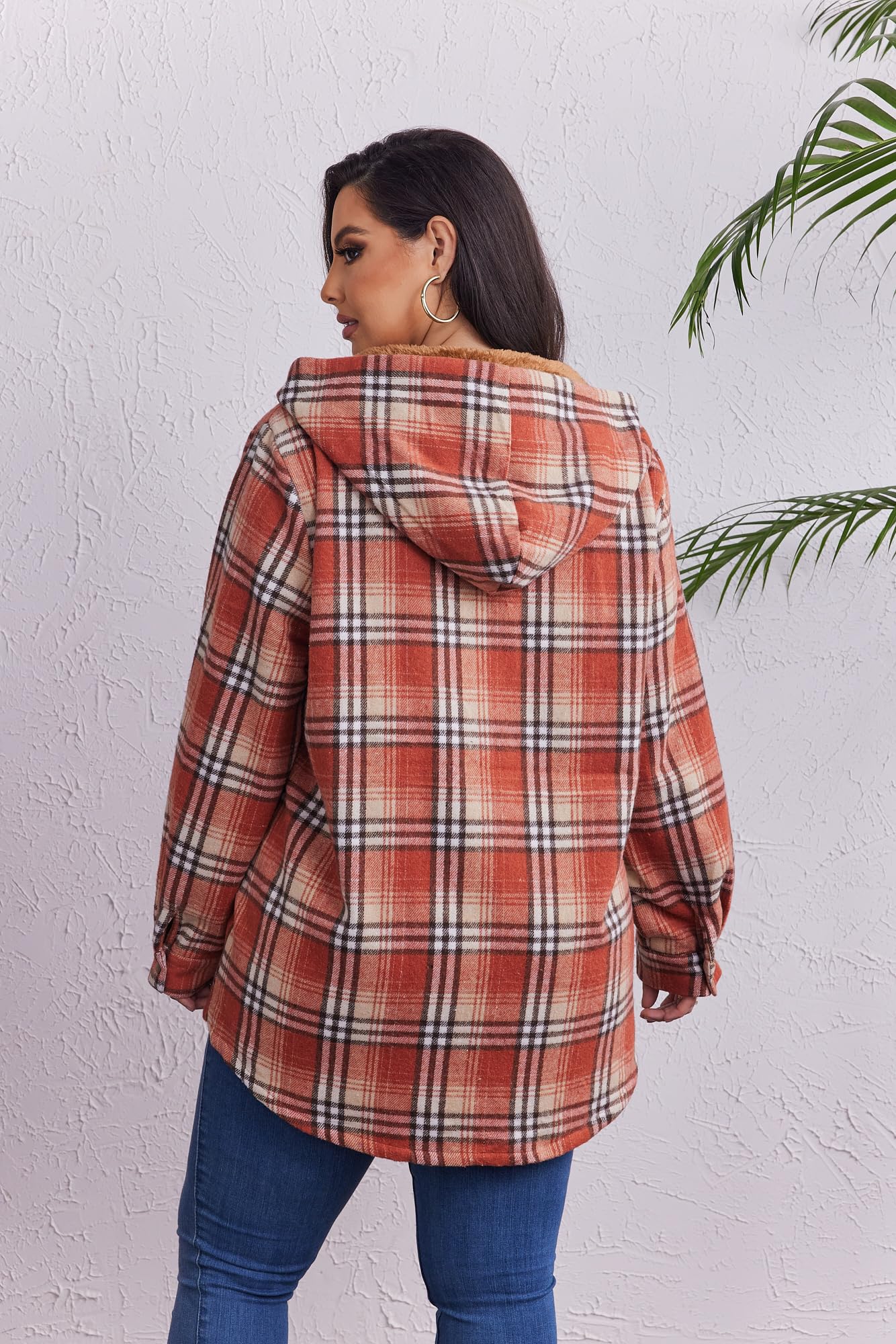 Plus Size Womens Flannel Plaid Shacket Long Sleeve Button Down Fleece Hooded Jacket Willluxe Store