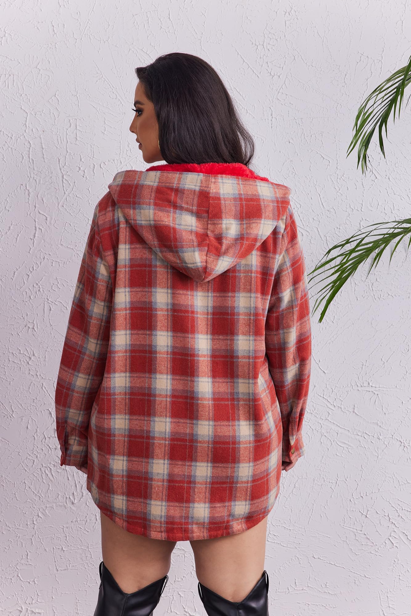 Plus Size Womens Flannel Plaid Shacket Long Sleeve Button Down Fleece Hooded Jacket Willluxe Store