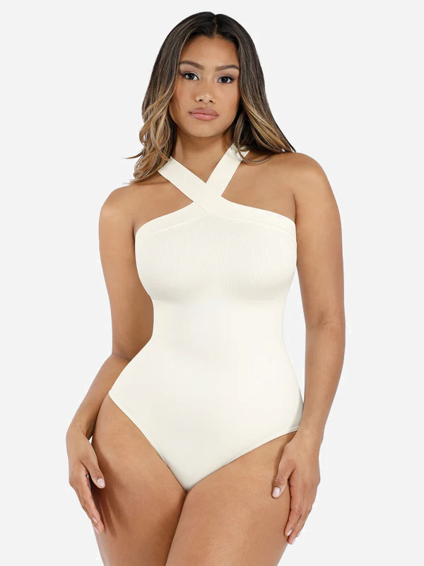 Willluxe Seamless Crossover Halter Thong Bodysuit Shapewear for Everyday Wear