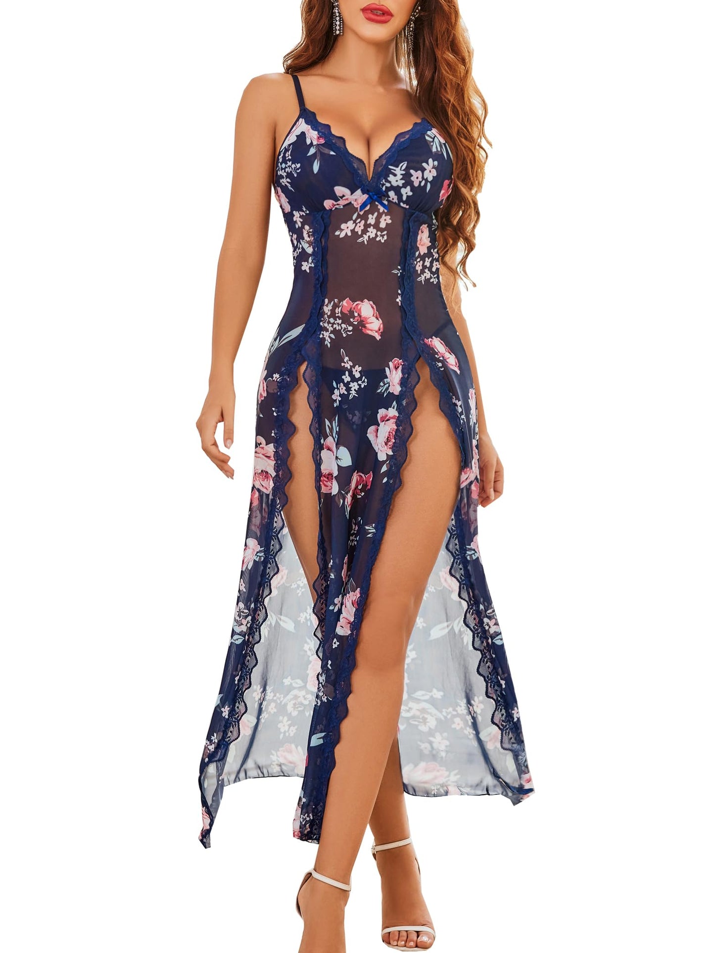 Willluxe® Lace Chemise Sexy Mesh Nightdress V Neck Side Split Nightgown Willluxe Store