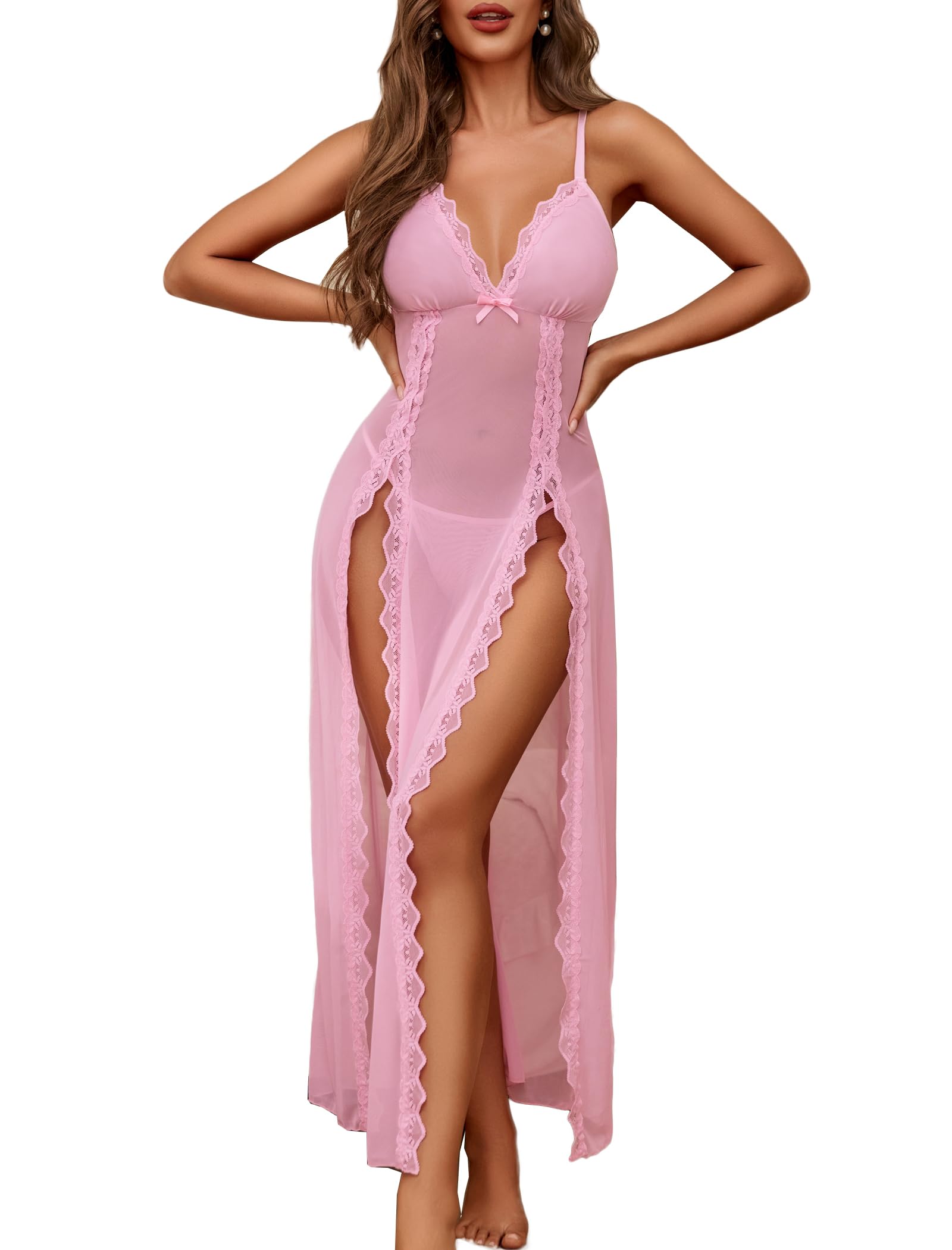 Willluxe® Lace Chemise Sexy Mesh Nightdress V Neck Side Split Nightgown Willluxe Store