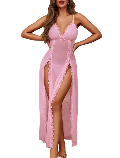 Willluxe® Lace Chemise Sexy Mesh Nightdress V Neck Side Split Nightgown Willluxe Store