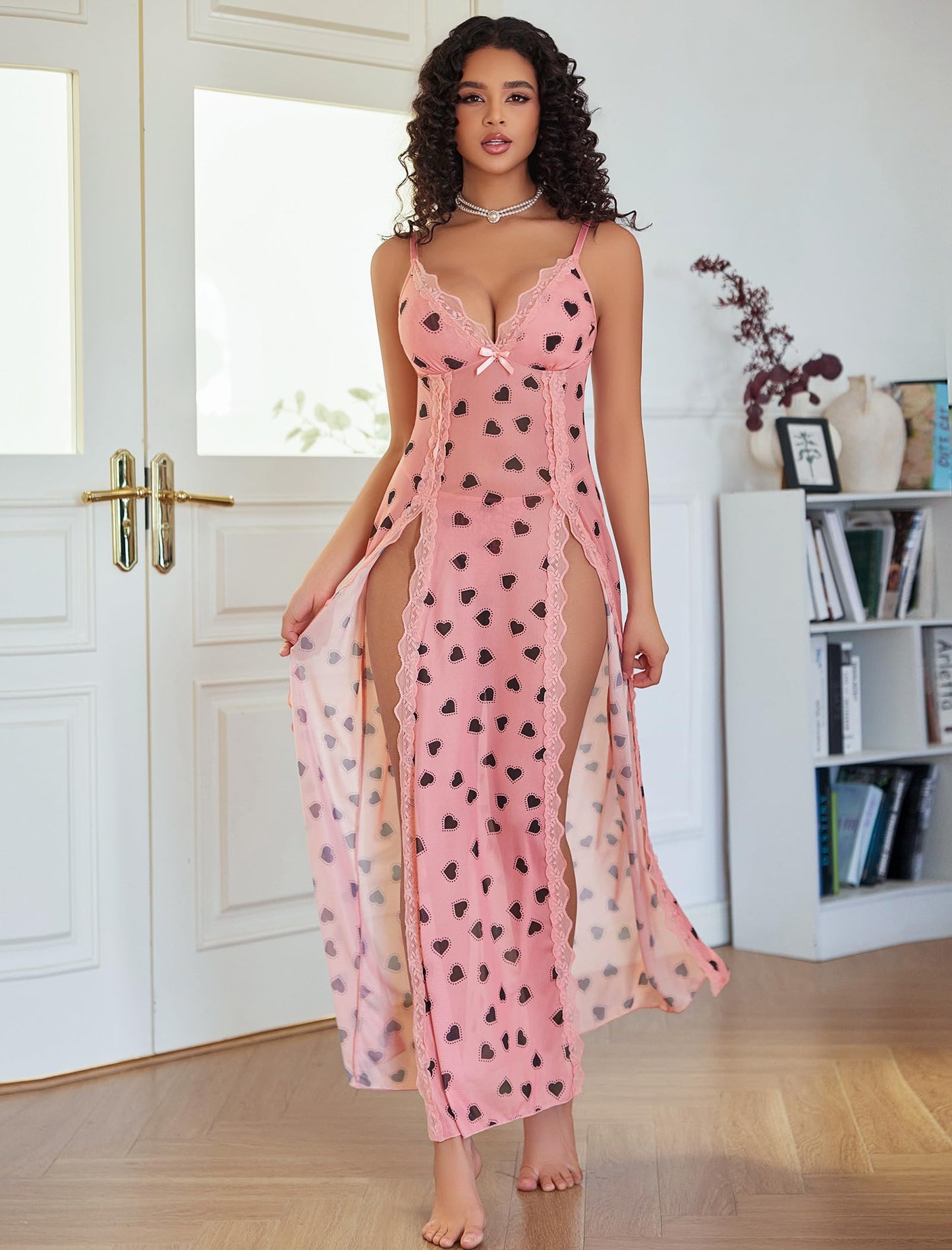 Willluxe® Lace Chemise Sexy Mesh Nightdress V Neck Side Split Nightgown Willluxe Store