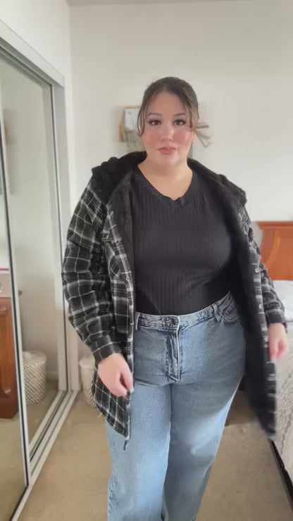 Plus Size Womens Flannel Plaid Shacket Long Sleeve Button Down Fleece Hooded Jacket