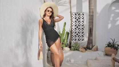 Tummy Control Mesh Sheer Sarong Wraps Women One Piece Swim Dress