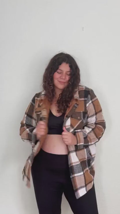 Plus Size Womens Flannel Plaid Shacket Long Sleeve Button Down Fleece Hooded Jacket