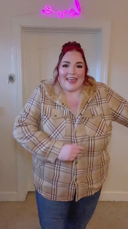 Plus Size Womens Flannel Plaid Shacket Long Sleeve Button Down Fleece Hooded Jacket