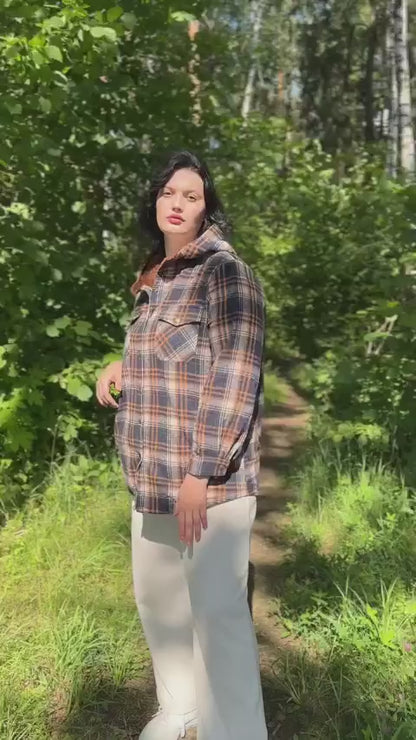 Plus Size Womens Flannel Plaid Shacket Long Sleeve Button Down Fleece Hooded Jacket